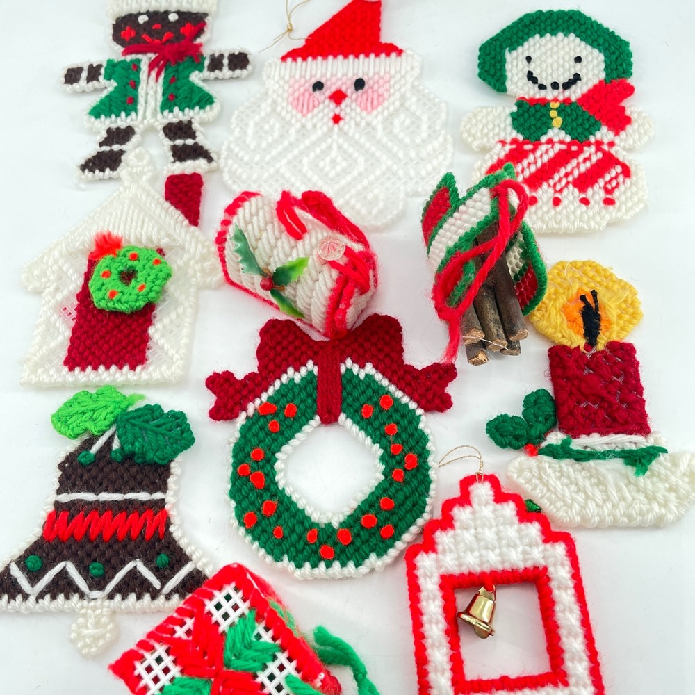 Handmade Needlepoint Plastic Canvas Christmas Ornaments Lot 10 Home Theme VTG